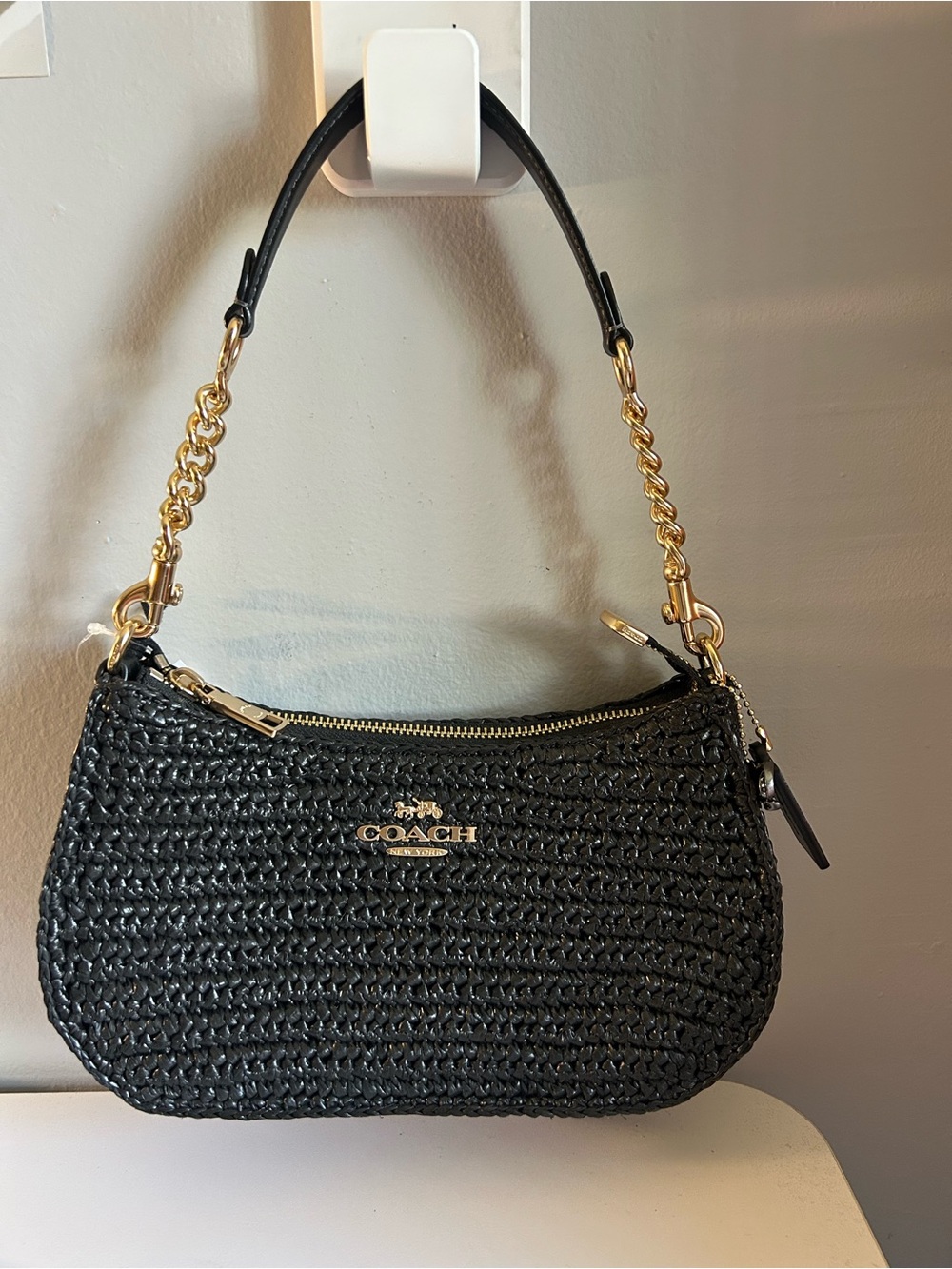 Coach Black Woven Shoulder Bag with Gold Chain Accents